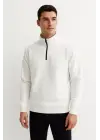 SBRD- Erkek Dik Yaka Yarım Fermuarlı 3 İplik Pamuklu Sweatshirt - Beyaz