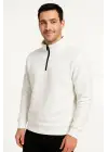 SBRD- Erkek Dik Yaka Yarım Fermuarlı 3 İplik Pamuklu Sweatshirt - Beyaz