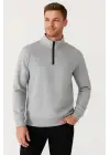 SBRD- Erkek Dik Yaka Yarım Fermuarlı 3 İplik Pamuklu Sweatshirt - Gri