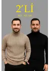 SBRD- Erkek Fitilli Kazak Tam Boğazlı Balıkçı Yaka Triko 2li Set Bej-siyah