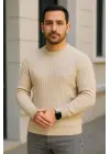 SBRD- Erkek Fitilli Triko Kazak 2’li Set Bej Beyaz Kalın Dokuma Pamuklu Regular Fit Bisiklet