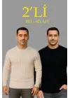 SBRD- Erkek Fitilli Triko Kazak 2’li Set Bej Beyaz Kalın Dokuma Pamuklu Regular Fit Bisiklet