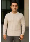 SBRD- Erkek Fitilli Triko Kazak 2’li Set Bej Beyaz Kalın Dokuma Pamuklu Regular Fit Bisiklet
