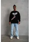 SBRD- Erkek Güvercin Baskılı 3 İplik Bisiklet Yaka İpamuklu Sweatshirt - Siyah