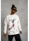 SBRD- Erkek Güvercin Baskılı 3 İplik Pamuklu Bisiklet Yaka Sweatshirt - Beyaz