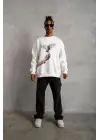 SBRD- Erkek Güvercin Baskılı 3 İplik Pamuklu Bisiklet Yaka Sweatshirt - Beyaz
