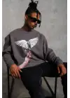 SBRD- Erkek Güvercin Baskılı 3 İplik Pamuklu Bisiklet Yaka Sweatshirt - Gri