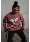 SBRD- Erkek Güvercin Baskılı Bisiklet Yaka Sweatshirt 3 İplik Pamuklu - Gül Kurusu