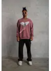 SBRD- Erkek Güvercin Baskılı Bisiklet Yaka Sweatshirt 3 İplik Pamuklu - Gül Kurusu