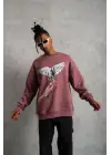 SBRD- Erkek Güvercin Baskılı Bisiklet Yaka Sweatshirt 3 İplik Pamuklu - Gül Kurusu