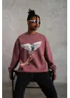 SBRD- Erkek Güvercin Baskılı Bisiklet Yaka Sweatshirt 3 İplik Pamuklu - Gül Kurusu