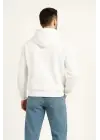 SBRD- Erkek Kapüşonlu 3 İplik Şardonlu Önü Baskılı Fermuarlı Oversize Sweatshirt - Beyaz