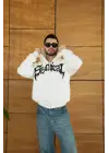 SBRD- Erkek Kapüşonlu 3 İplik Şardonlu Önü Baskılı Fermuarlı Oversize Sweatshirt - Beyaz