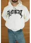 SBRD- Erkek Kapüşonlu 3 İplik Şardonlu Önü Baskılı Fermuarlı Oversize Sweatshirt - Beyaz