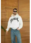 SBRD- Erkek Kapüşonlu 3 İplik Şardonlu Önü Baskılı Fermuarlı Oversize Sweatshirt - Beyaz