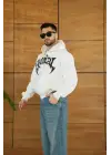 SBRD- Erkek Kapüşonlu 3 İplik Şardonlu Önü Baskılı Fermuarlı Oversize Sweatshirt - Beyaz