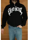 SBRD- Erkek Kapüşonlu 3 İplik Şardonlu Önü Baskılı Fermuarlı Oversize Sweatshirt - Siyah