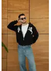 SBRD- Erkek Kapüşonlu 3 İplik Şardonlu Önü Baskılı Fermuarlı Oversize Sweatshirt - Siyah