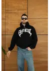 SBRD- Erkek Kapüşonlu 3 İplik Şardonlu Önü Baskılı Fermuarlı Oversize Sweatshirt - Siyah