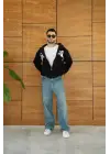 SBRD- Erkek Kapüşonlu 3 İplik Şardonlu Önü Baskılı Fermuarlı Oversize Sweatshirt - Siyah