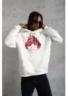 SBRD- Erkek Kapüşonlu Cepli Boks Eldiven Baskılı 3 İplik Sweatshirt Hoodie - Beyaz