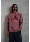 SBRD- Erkek Kapüşonlu Cepli Box Eldiven Baskılı 3 İplik Sweatshirt Hoodie - Gül Kurusu