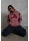 SBRD- Erkek Kapüşonlu Cepli Box Eldiven Baskılı 3 İplik Sweatshirt Hoodie - Gül Kurusu