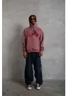 SBRD- Erkek Kapüşonlu Cepli Box Eldiven Baskılı 3 İplik Sweatshirt Hoodie - Gül Kurusu