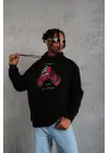 SBRD- Erkek Kapüşonlu Cepli Box Eldiven Baskılı 3 İplik Sweatshirt Hoodie - Siyah