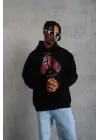 SBRD- Erkek Kapüşonlu Cepli Box Eldiven Baskılı 3 İplik Sweatshirt Hoodie - Siyah