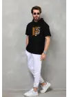 SBRD- Erkek Kapüşonlu Kısa Kol Oversize Baskılı T-shirt - Siyah
