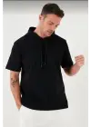 SBRD- Erkek Kapüşonlu Tişört Kısa Kol Düz Oversize T-shirt - Siyah