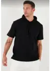 SBRD- Erkek Kapüşonlu Tişört Kısa Kol Düz Oversize T-shirt - Siyah
