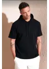 SBRD- Erkek Kapüşonlu Tişört Kısa Kol Düz Oversize T-shirt - Siyah