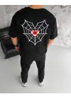 SBRD- Erkek Kısa Kol Tişört Bisiklet Yaka Örümcek Baskılı Oversize T-shirt - Siyah