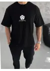 SBRD- Erkek Kısa Kol Tişört Bisiklet Yaka Yonca Baskılı Oversize T-shirt - Siyah