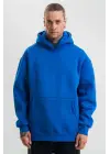 SBRD- Erkek Oversize 3 İplik Pamuklu Kapüşonlu Kanguru Cepli Hoodie Sweatshirt - Saks Mavisi