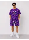 SBRD- Erkek Oversize Kalıp Pubg Bape X Shark Nakışlı Cepli Şort Takım - Mor