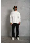 SBRD- Erkek Oversize Sweatshirt Ön Ve Sırt Baskılı 3 İplik Pamuklu - Beyaz