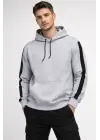 SBRD- Erkek Şeritli Kapüşonlu Oversize Sweatshirt 3 İplik Pamuklu Hoodie - Beyaz