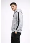 SBRD- Erkek Şeritli Kapüşonlu Oversize Sweatshirt 3 İplik Pamuklu Hoodie - Beyaz