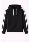 SBRD- Erkek Şeritli Kapüşonlu Sweatshirt Oversize 3 İplik Pamuklu Hoodei - Siyah
