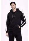 SBRD- Erkek Şeritli Kapüşonlu Sweatshirt Oversize 3 İplik Pamuklu Hoodei - Siyah