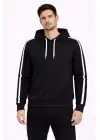 SBRD- Erkek Şeritli Kapüşonlu Sweatshirt Oversize 3 İplik Pamuklu Hoodei - Siyah