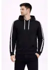 SBRD- Erkek Şeritli Kapüşonlu Sweatshirt Oversize 3 İplik Pamuklu Hoodei - Siyah