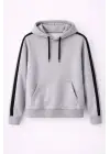 SBRD- Erkek Şeritli Kapüşonlu Sweatshirt Oversize 3 İplik Pamuklu Hoodie - Gri