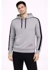 SBRD- Erkek Şeritli Kapüşonlu Sweatshirt Oversize 3 İplik Pamuklu Hoodie - Gri