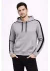 SBRD- Erkek Şeritli Kapüşonlu Sweatshirt Oversize 3 İplik Pamuklu Hoodie - Gri