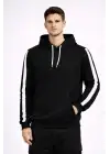 SBRD- Erkek Şeritli Kapüşonlu Sweatshirt Oversize 3 İplik Pamuklu Hoodie - Siyah