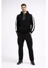 SBRD- Erkek Şeritli Kapüşonlu Sweatshirt Oversize 3 İplik Pamuklu Hoodie - Siyah